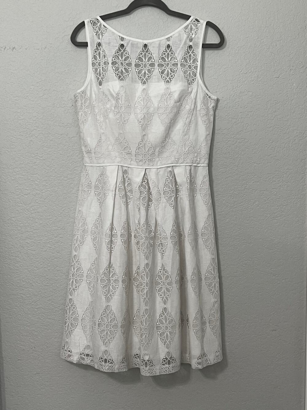 White Burnout Eyelet Lace Midi Dress Sz 12 Sleeveless Fit&Flare Bridal Cocktail